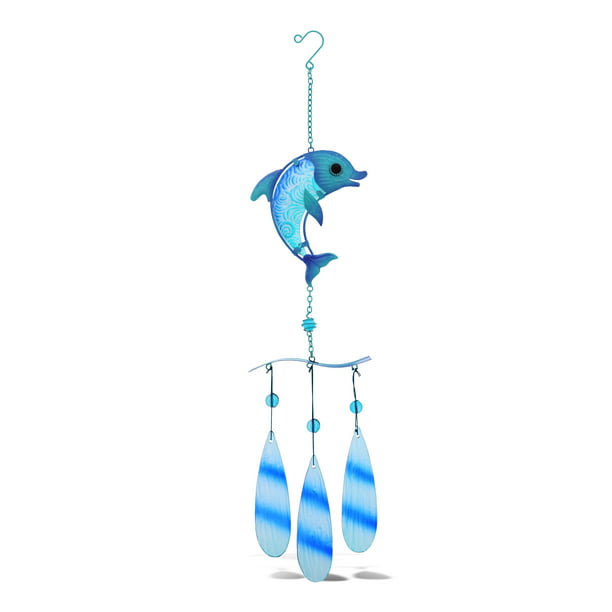 Swimming Dolphins Wind Chime Figural Round Top Hanging Garden Decor Windchime